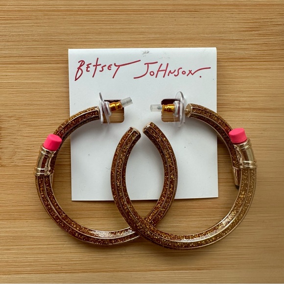 Betsey Johnson Book Smart Gold Tone Glitter Enamel Pencil Hoop Earrings NWT - Picture 2 of 5